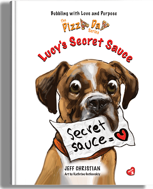 Illustrated book cover featuring a brown and white dog holding a note that reads "secret sauce =" with a heart. Title: "Lucy's Secret Sauce" by Jeff Christian. Art by Kathrine Gutkovskiy.